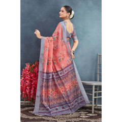 Mayawye Women's Linen Floral Printed Saree With Unstitched Blouse 5.5Mtr (Peach)