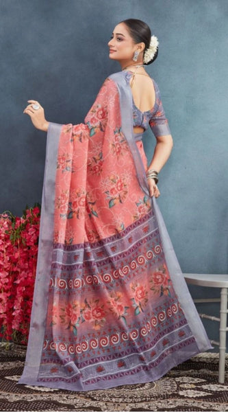 Mayawye Women's Linen Floral Printed Saree With Unstitched Blouse 5.5Mtr (Peach)