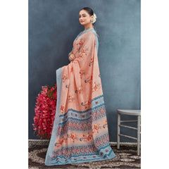 Mayawye Women's Linen Floral Printed Saree With Unstitched Blouse 5.5Mtr (Orange)