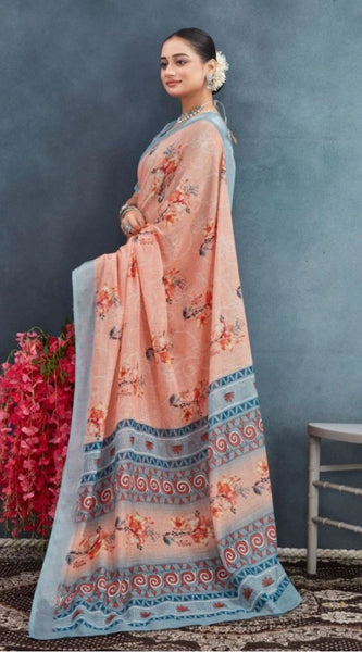 Mayawye Women's Linen Floral Printed Saree With Unstitched Blouse 5.5Mtr (Orange)