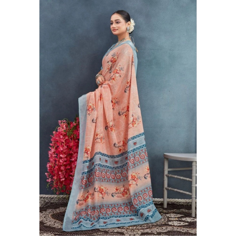 Mayawye Women's Linen Floral Printed Saree With Unstitched Blouse 5.5Mtr (Orange)