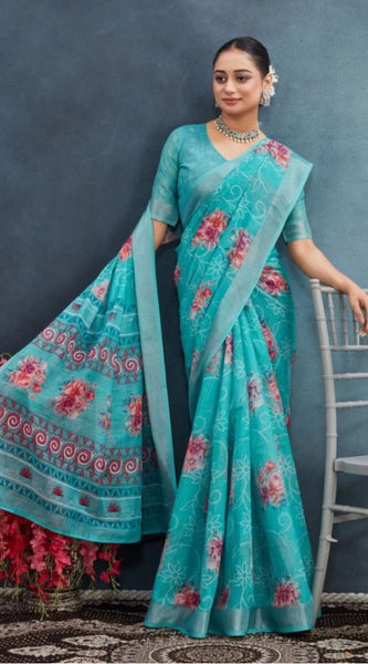 Mayawye Women's Linen Floral Printed Saree With Unstitched Blouse 5.5Mtr (Aqua)