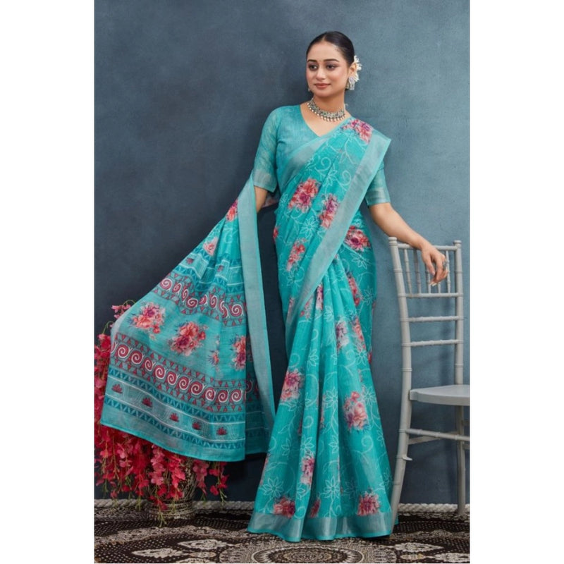 Mayawye Women's Linen Floral Printed Saree With Unstitched Blouse 5.5Mtr (Aqua)