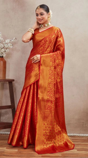 Mayawye Women's Silk Blend Floral Printed Saree With Unstitched Blouse 5.5Mtr (Red)
