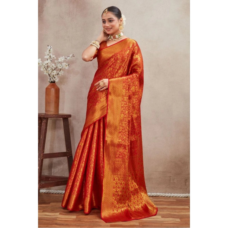 Mayawye Women's Silk Blend Floral Printed Saree With Unstitched Blouse 5.5Mtr (Red)