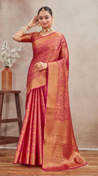 Mayawye Women's Silk Blend Floral Printed Saree With Unstitched Blouse 5.5Mtr (Pink)
