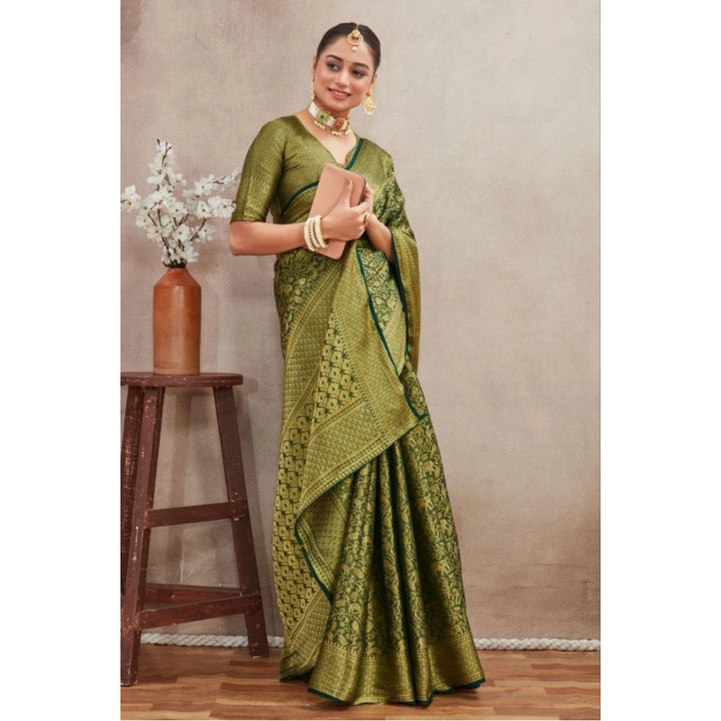Mayawye Women's Silk Blend Floral Printed Saree With Unstitched Blouse 5.5Mtr (Green)