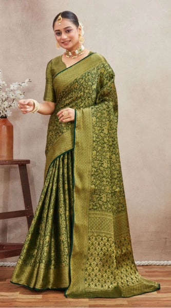 Mayawye Women's Silk Blend Floral Printed Saree With Unstitched Blouse 5.5Mtr (Green)