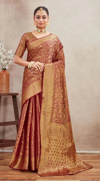 Mayawye Women's Silk Blend Floral Printed Saree With Unstitched Blouse 5.5Mtr (Brown)