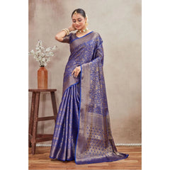 Mayawye Women's Silk Blend Floral Printed Saree With Unstitched Blouse 5.5Mtr (Royal Blue)