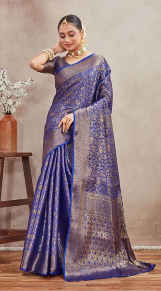 Mayawye Women's Silk Blend Floral Printed Saree With Unstitched Blouse 5.5Mtr (Royal Blue)