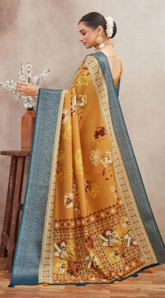 Mayawye Women's Crepe Silk Printed Saree With Unstitched Blouse 5.5Mtr (Mustard)