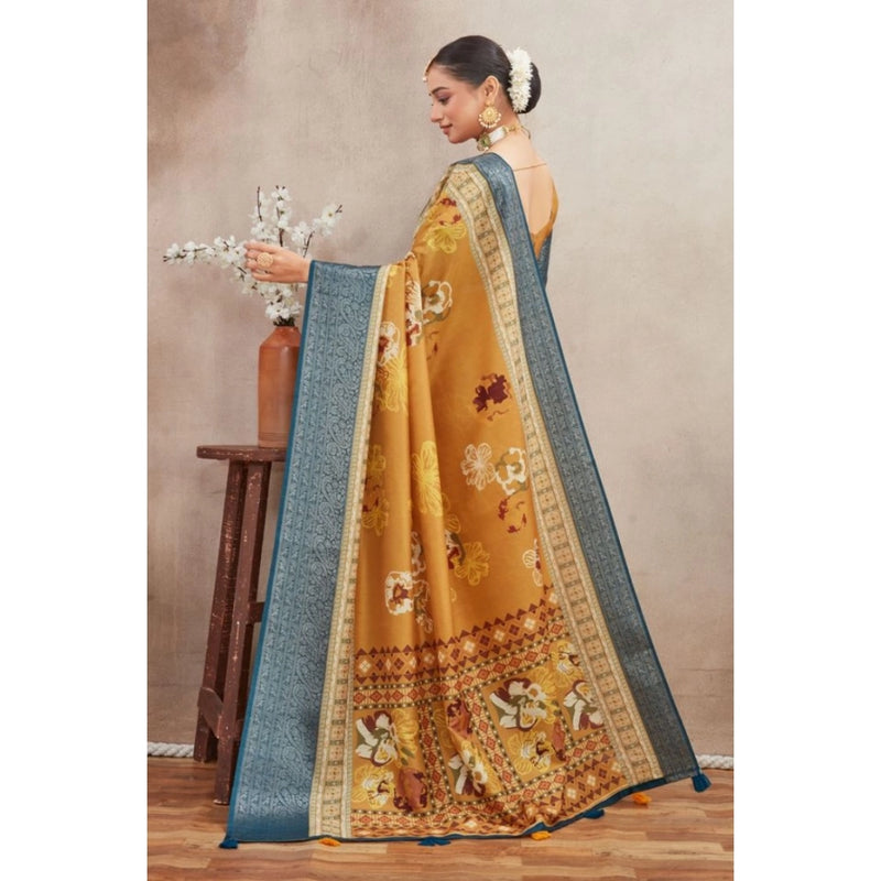 Mayawye Women's Crepe Silk Printed Saree With Unstitched Blouse 5.5Mtr (Mustard)