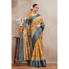 Mayawye Women's Crepe Silk Printed Saree With Unstitched Blouse 5.5Mtr (Mustard)