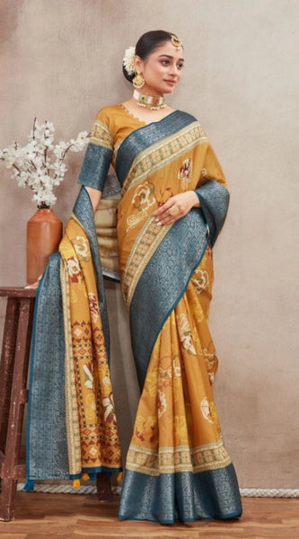 Mayawye Women's Crepe Silk Printed Saree With Unstitched Blouse 5.5Mtr (Mustard)