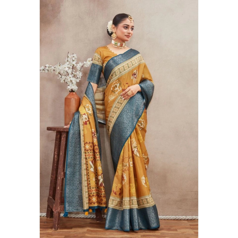 Mayawye Women's Crepe Silk Printed Saree With Unstitched Blouse 5.5Mtr (Mustard)