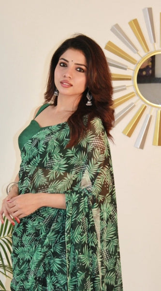 Mayawye Women's Georgette Printed Saree With Unstitched Blouse 5.5Mtr (Dark Green )