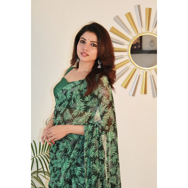 Mayawye Women's Georgette Printed Saree With Unstitched Blouse 5.5Mtr (Dark Green )