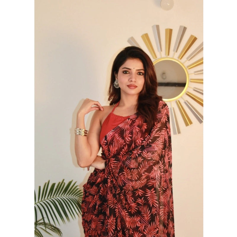 Mayawye Women's Georgette Printed Saree With Unstitched Blouse 5.5Mtr (Red)