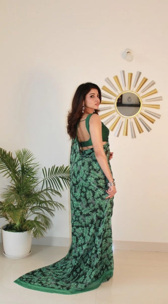 Mayawye Women's Georgette Printed Saree With Unstitched Blouse 5.5Mtr (Dark Green )