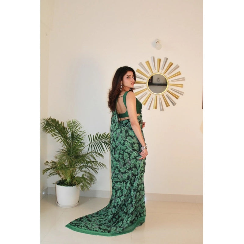 Mayawye Women's Georgette Printed Saree With Unstitched Blouse 5.5Mtr (Dark Green )