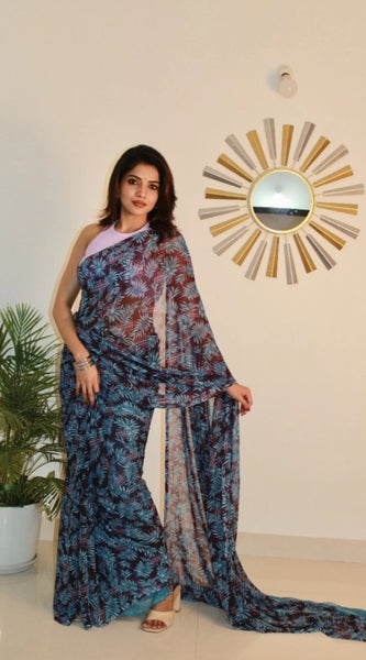 Mayawye Women's Georgette Printed Saree With Unstitched Blouse 5.5Mtr (Light Blue )
