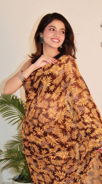 Mayawye Women's Georgette Printed Saree With Unstitched Blouse 5.5Mtr (Yellow )