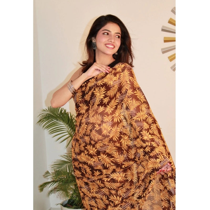 Mayawye Women's Georgette Printed Saree With Unstitched Blouse 5.5Mtr (Yellow )