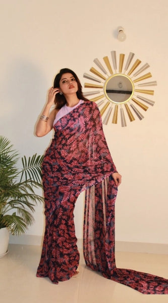 Mayawye Women's Georgette Printed Saree With Unstitched Blouse 5.5Mtr (Pink)