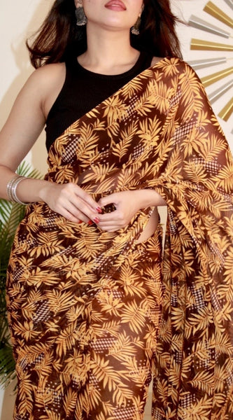 Mayawye Women's Georgette Printed Saree With Unstitched Blouse 5.5Mtr (Yellow )