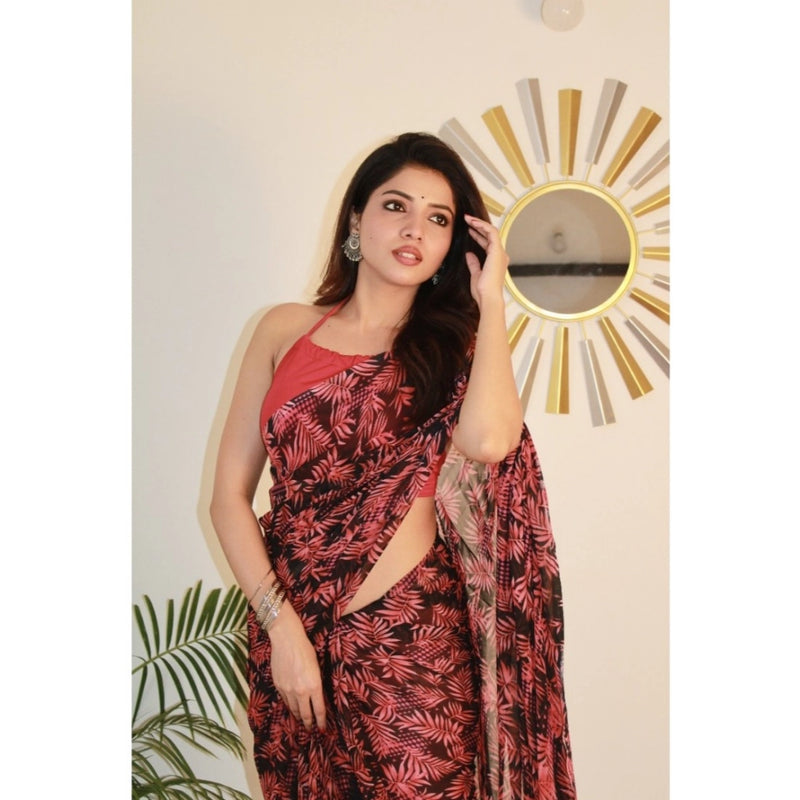 Mayawye Women's Georgette Printed Saree With Unstitched Blouse 5.5Mtr (Red)
