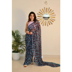 Mayawye Women's Georgette Printed Saree With Unstitched Blouse 5.5Mtr (Light Blue )