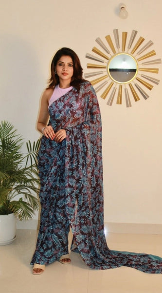 Mayawye Women's Georgette Printed Saree With Unstitched Blouse 5.5Mtr (Light Blue )