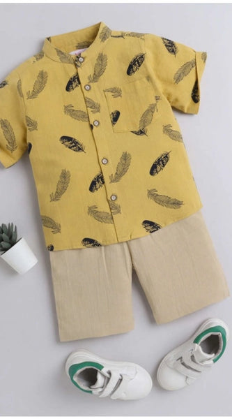 Mayawye Boy's Cotton Blend Printed Short Sleeve Shirt and Shorts Set (Yellow)