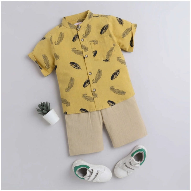 Mayawye Boy's Cotton Blend Printed Short Sleeve Shirt and Shorts Set (Yellow)