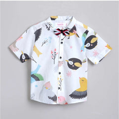 Mayawye Boy's Cotton Blend Printed Short Sleeve Shirt and Shorts Set (White)