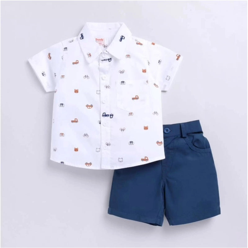 Mayawye Boy's Cotton Blend Printed Short Sleeve Shirt and Shorts Set (White)