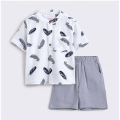 Mayawye Boy's Cotton Blend Printed Short Sleeve Shirt and Shorts Set (White)
