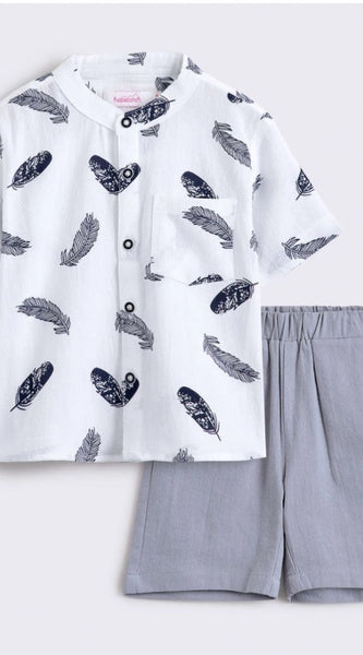 Mayawye Boy's Cotton Blend Printed Short Sleeve Shirt and Shorts Set (White)
