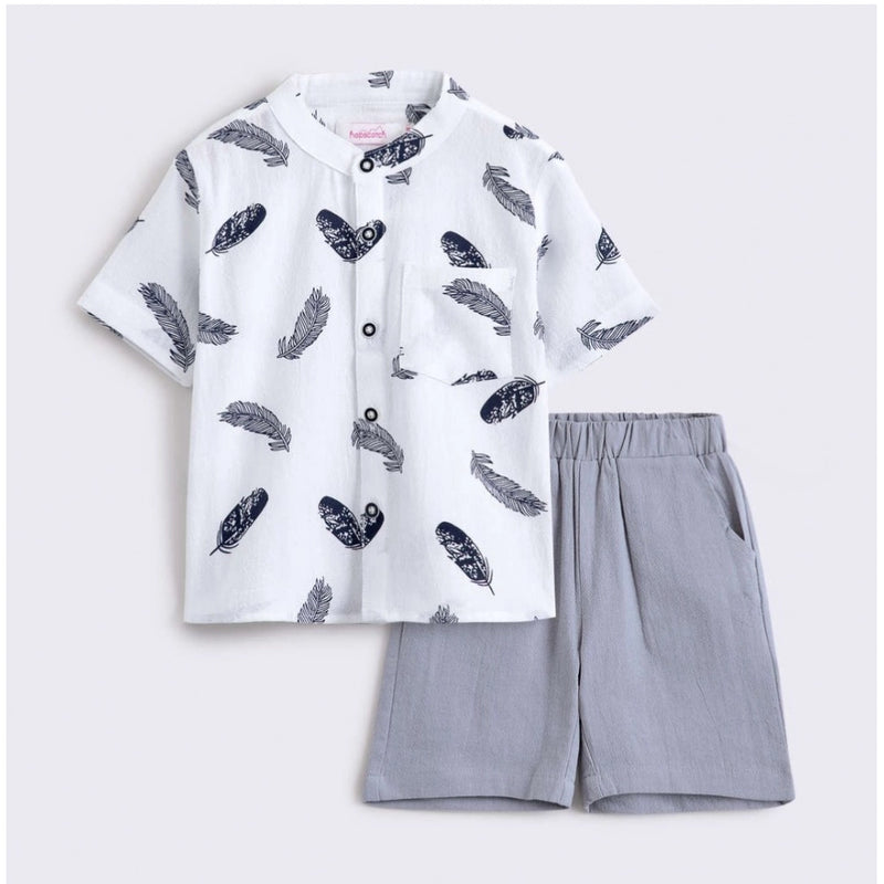 Mayawye Boy's Cotton Blend Printed Short Sleeve Shirt and Shorts Set (White)
