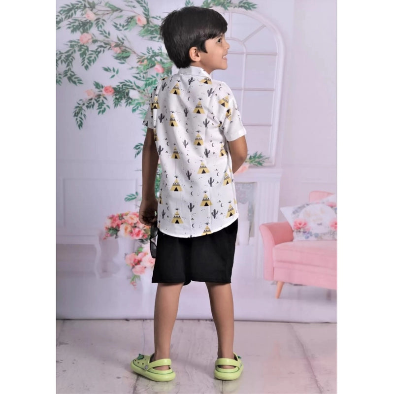 Mayawye Boy's Cotton Blend Printed Short Sleeve Shirt and Shorts Set (White)