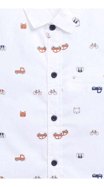 Mayawye Boy's Cotton Blend Printed Short Sleeve Shirt (White)