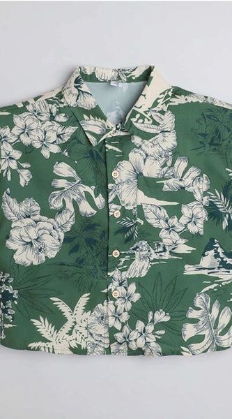 Mayawye Boy's Cotton Blend Printed Short Sleeve Shirt (Green)