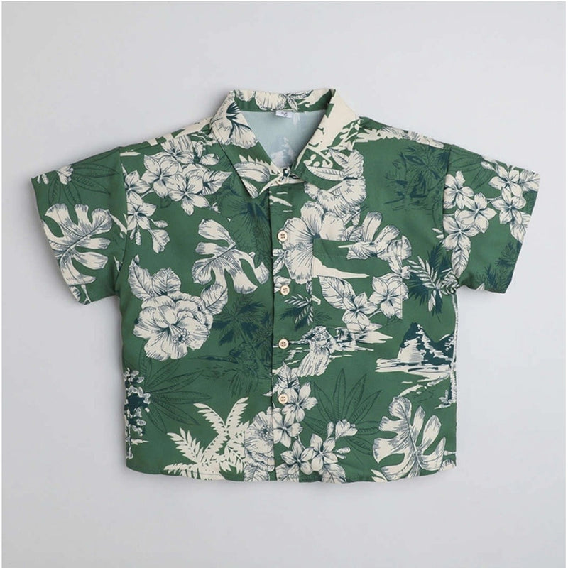 Mayawye Boy's Cotton Blend Printed Short Sleeve Shirt (Green)