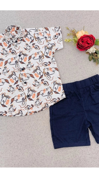 Mayawye Boy's Cotton Blend Printed Short Sleeve Shirt and Shorts Set (MultiColor)