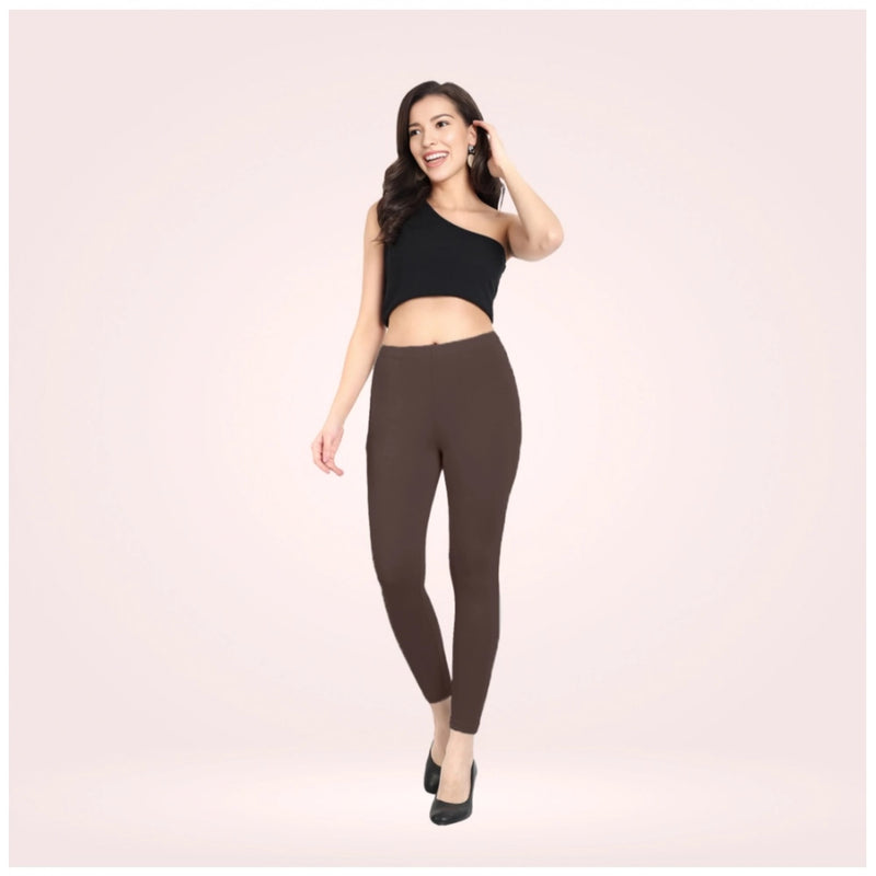 Mayawye Women's Cotton Blended Solid Ankle legging (Brown)