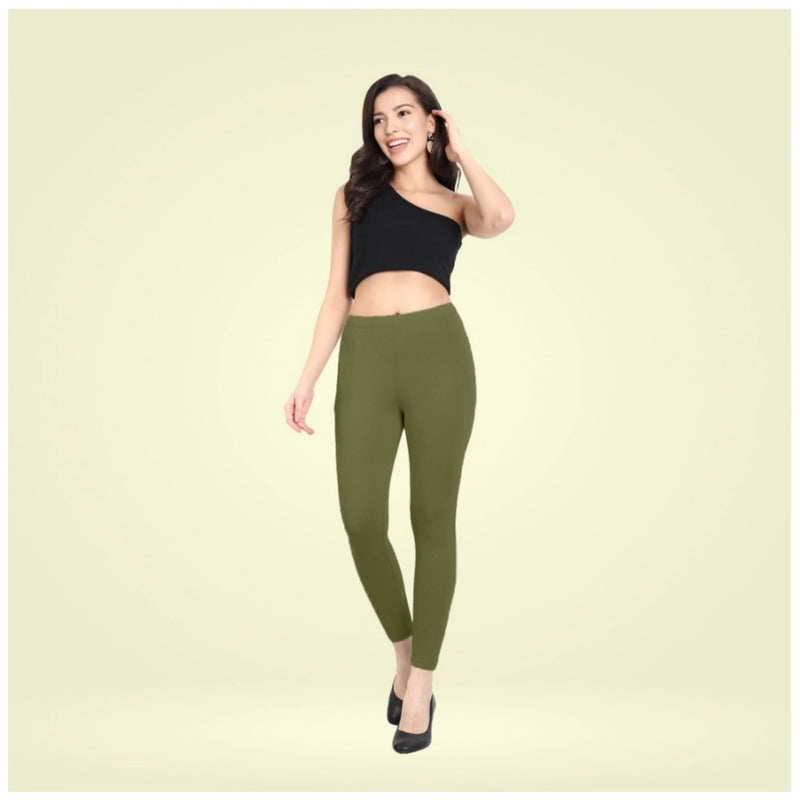 Mayawye Women's Cotton Blended Solid Ankle legging (Olive Green)