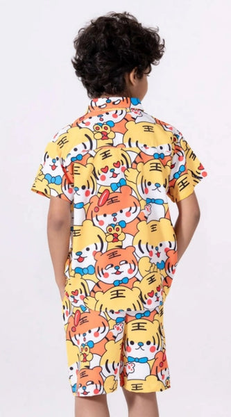 Mayawye Boy's Lycra Blend Printed Short Sleeve Shirt and Shorts Set (MultiColor)