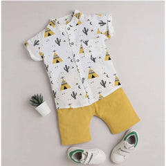 Mayawye Boy's Cotton Blend Printed Short Sleeve Shirt and Shorts Set (White)