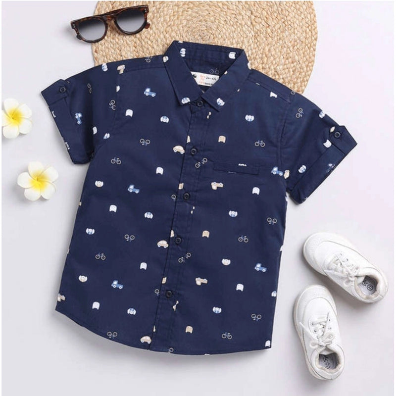 Mayawye Boy's Cotton Blend Printed Short Sleeve Shirt and Shorts Set (Navy Blue)